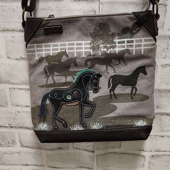 Chala Horse Design Shoulder Bag in Brown and Gray - Picture 1 of 7